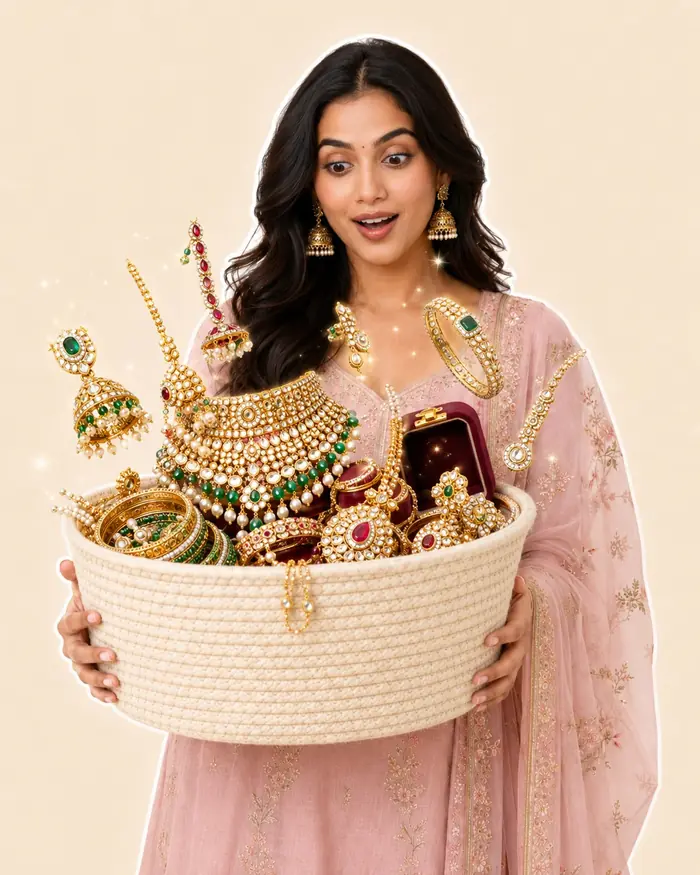 Surprised Festive Rani with jewelry rising from her basket