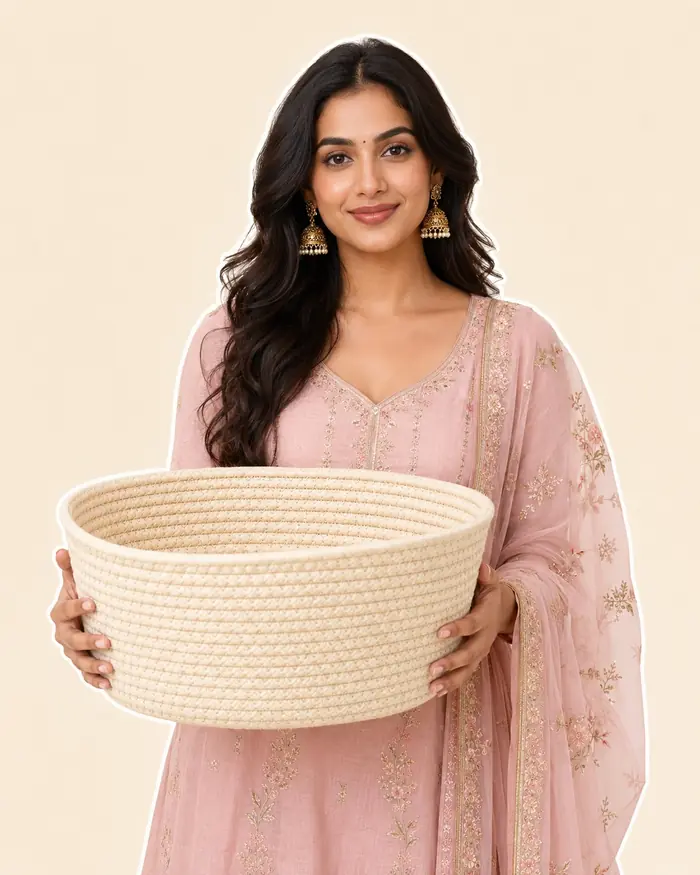 Festive Rani holding an empty basket