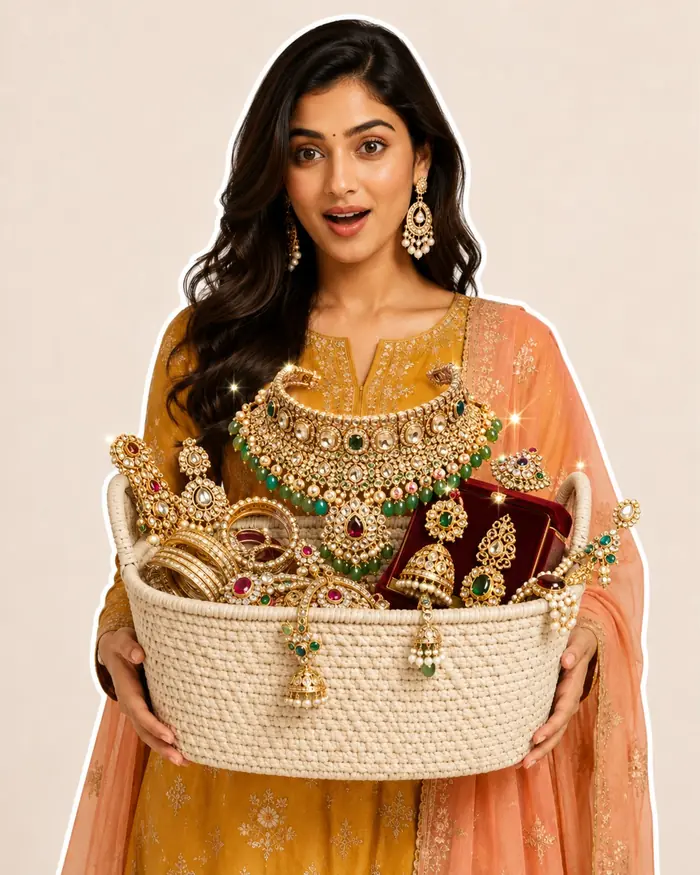 Surprised Bridal Rani with jewelry rising from her basket